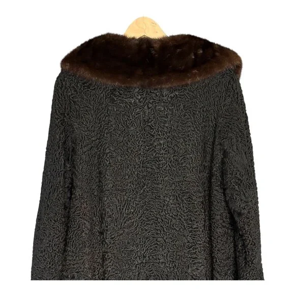 Women’s Black Persian Lamb Coat w Brown Mink Collar Flemington Furs Medium - Picture 9 of 12